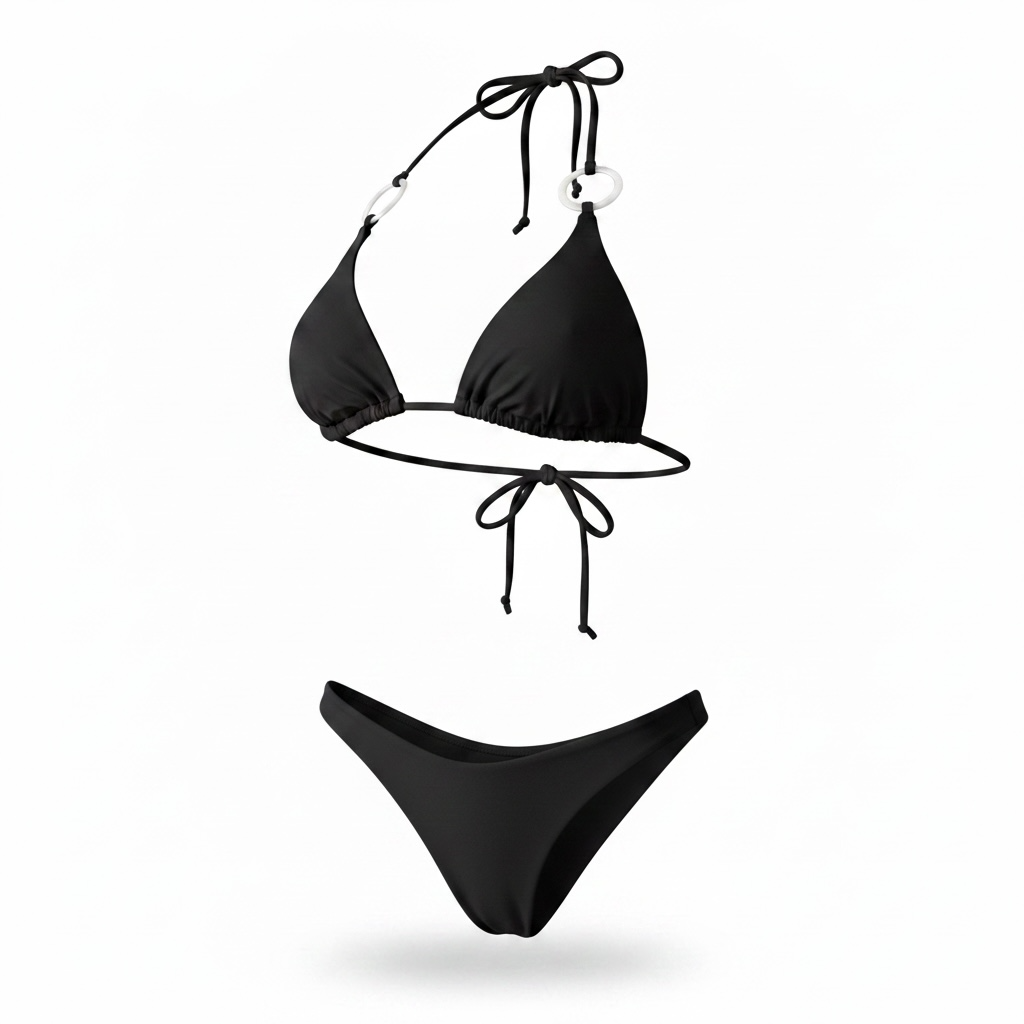 Ina Bikini – Black triangle bikini with white acrylic rings by AquaMuse