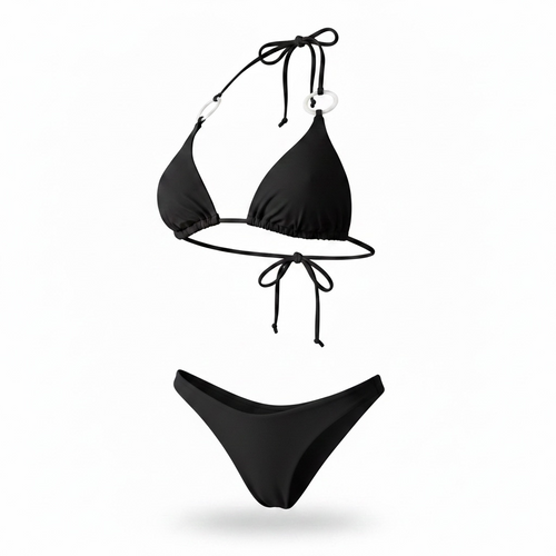 Ina Bikini – Black triangle bikini with white acrylic rings by AquaMuse