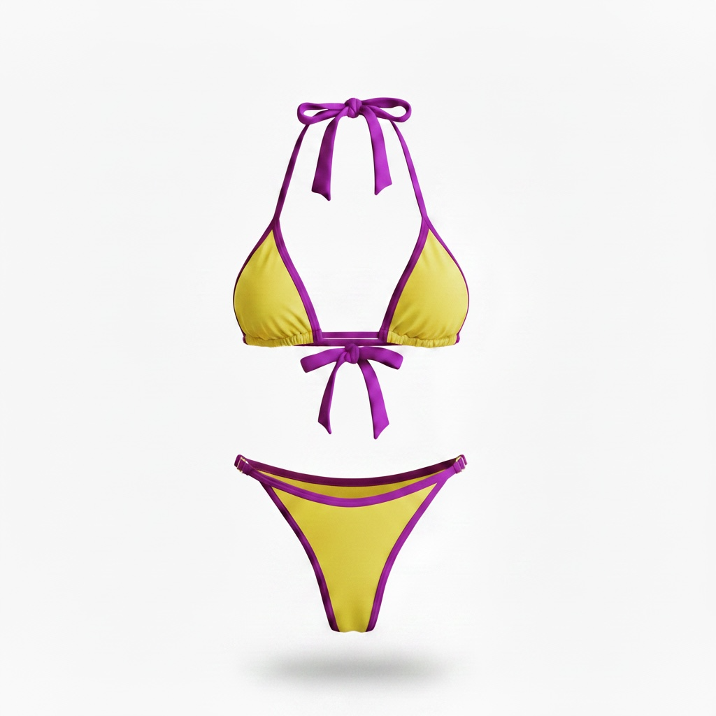 Naïa Bikini – Yellow triangle bikini with purple trim by AquaMuse